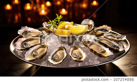 Gourmet seafood platter featuring a dozen freshly shucked oysters on the half shell. Adorned with ice, lemon wedges. Romantic ambiance. Food blogging, cookbook, magazine 107254898