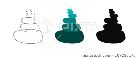 Zen Buddhist stones in a pile. Emerald color, silhouette, outline. Symbol of harmony, balance. Meditation, Spa massage, relaxation. Stones pyramid. Vector isolated on white. Print, decor, textile 107255175