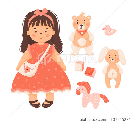 Children toys set. Cute girl in red dress doll, plush toys bear and rabbit, cubes, horse with duck. Vector illustration. Isolated items in cartoon style. kids collection. 107255225