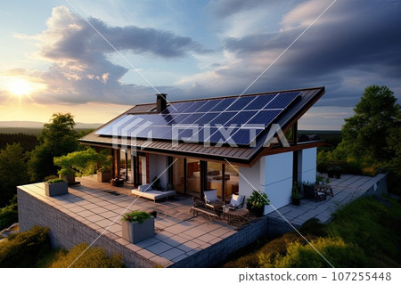 Solar panels on the roof of a small house. 107255448