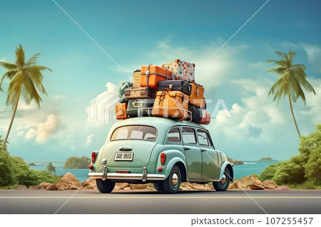Blue retro car with luggage on the roof. 107255457