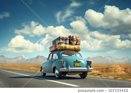 Blue retro car with luggage on the roof. Blue retro car with luggage on the roof. 107255458