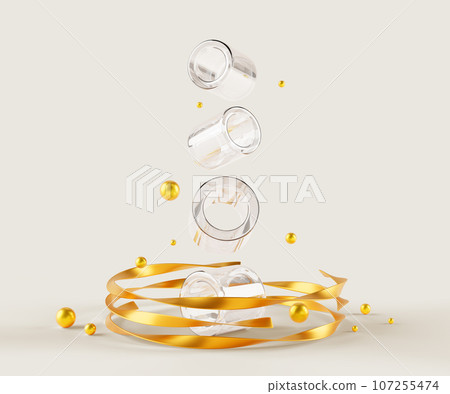 Abstract glass transparent clear cylinders with gold spiral ribbons. Flying plastic or acryl geometric shapes with metal or foil swirl wave lines and golden pearls on white background. 3D illustration Abstract glass transparent clear cylinders with gold spiral ribbons. Flying plastic or acryl geometric shapes with metal or foil swirl wave lines and golden pearls on white background. 3D illustration 107255474