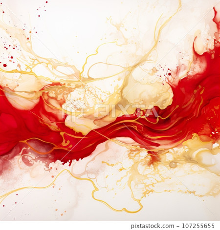 Red and gold abstract watercolor background, paint stains with golden texture strokes 107255655