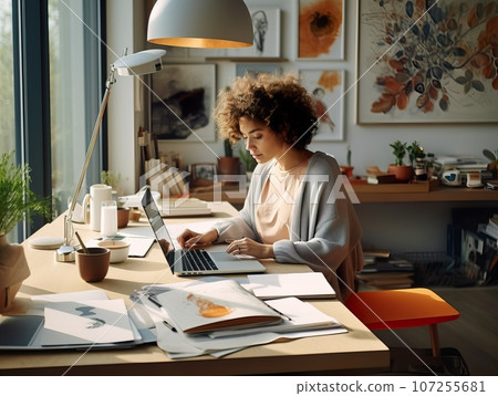 Woman starting an online business, young european lady working with her laptop in modern office Woman starting an online business, young european lady working with her laptop in modern office 107255681
