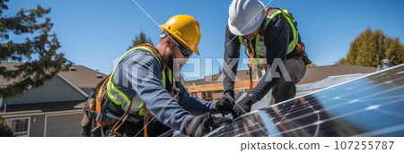 Workers install solar panels 107255787