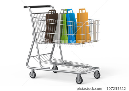 Shopping cart or trolley with shopping bag on white background. 107255812