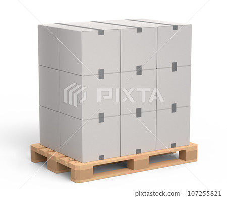 Set of wooden pallet for warehouse cargo storage with cardboard boxes on white 107255821