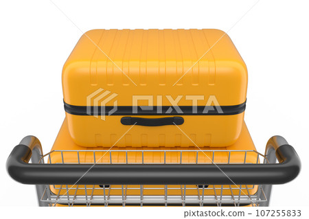 Regular suitcase on hotel trolley cart for carrying baggage on white background Regular suitcase on hotel trolley cart for carrying baggage on white background 107255833