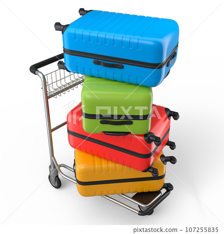 Regular suitcase on hotel trolley cart for carrying baggage on white background 107255835