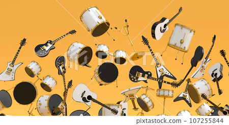 Many of flying acoustic guitars, drums with metal cymbals or drumset on yellow Many of flying acoustic guitars, drums with metal cymbals or drumset on yellow 107255844