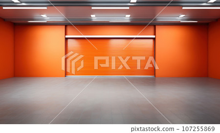 Closed orange roller shutters 107255869