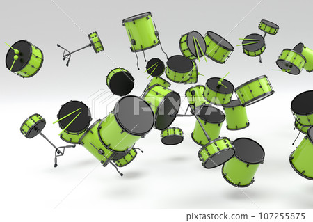 Many of flying drums with metal cymbals or drumset on white background 107255875