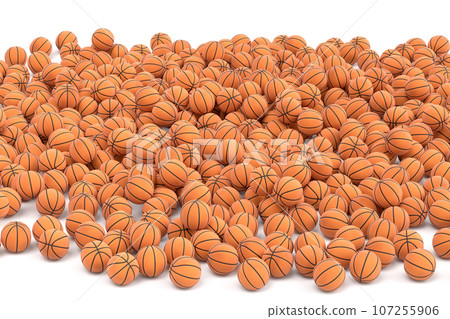 Many of flying orange basketball ball falling on white background 107255906