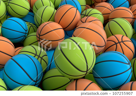 Many of flying multicolor basketball ball falling on black background 107255907