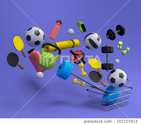 Sport equipment for fitness, gym, crossfit in shopping basket on violet 107255913