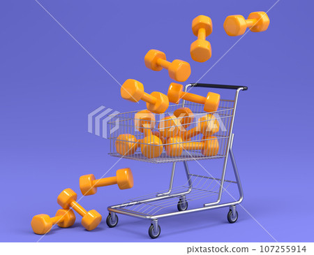 Sport equipment like dumbbell for fitness or crossfit in shopping cart on violet 107255914