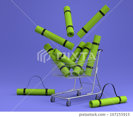 Sport equipment like yoga mat for fitness or crossfit in shopping cart on violet 107255915