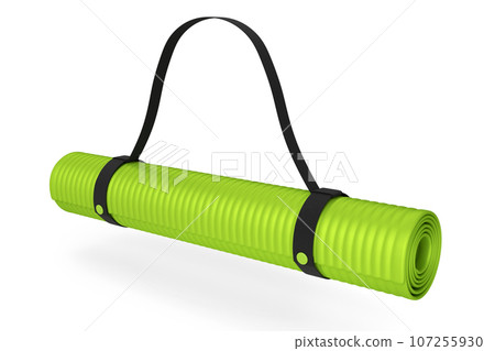 Green yoga mat or lightweight foam camping bed roll pad isolated on white. Green yoga mat or lightweight foam camping bed roll pad isolated on white. 107255930