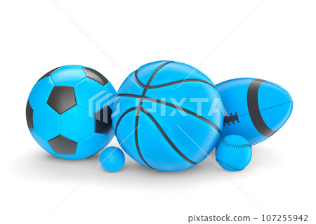 Set of blue ball like basketball, american football and golf isolated on white 107255942