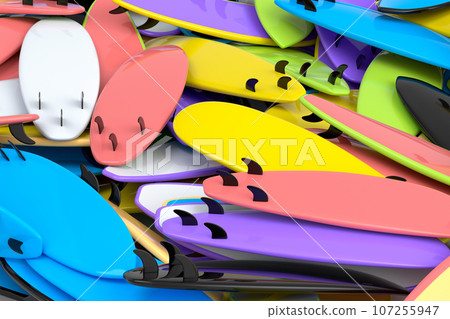 Pile of surfboard for summer surfing isolated on multicolor background. Pile of surfboard for summer surfing isolated on multicolor background. 107255947