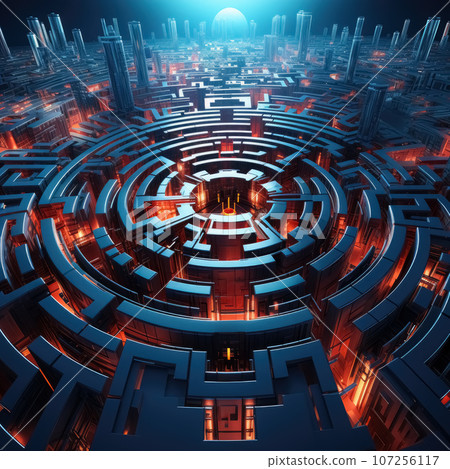 Round three-dimensional maze in digital space, data path on computer server. Generative AI 107256117