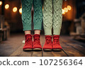 Children's feet in warm boots and woolen tights 107256364