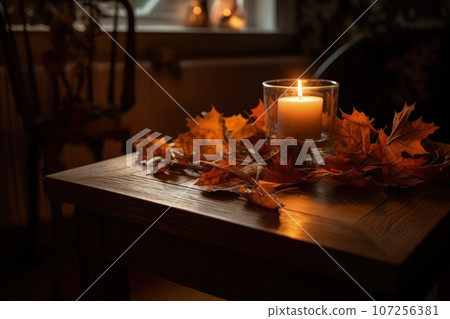 Autumn atmosphere, candles and autumn leaves on a wooden table 107256381