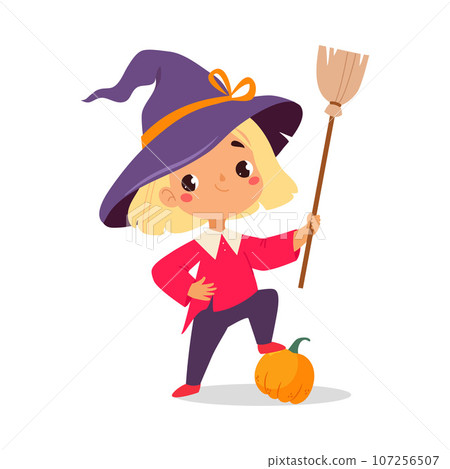 Happy Girl Character at Halloween Party Celebration in Witch Costume with Broom Vector Illustration Happy Girl Character at Halloween Party Celebration in Witch Costume with Broom Vector Illustration 107256507