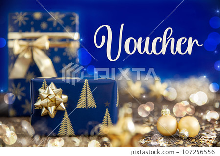 Text Voucher, Golden And Blue Christmas Decoration Text Voucher, Golden And Blue Christmas Decoration 107256556