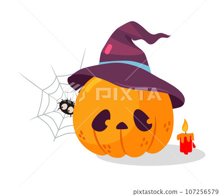 Halloween with Orange Pumpkin in Witch Hat with Spider Net Vector Illustration Halloween with Orange Pumpkin in Witch Hat with Spider Net Vector Illustration 107256579
