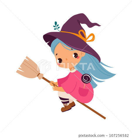 Happy Girl Witch Character at Halloween Flying Broom Vector Illustration 107256582
