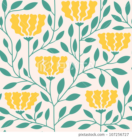 Simple modern vector seamless pattern with yellow abstract flowers, foliage. Natural plant ornament background. 107256727