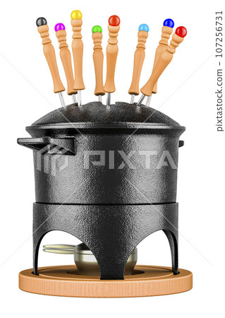 Cast Iron Fondue Pot with Forks, Fondue set. 3D rendering Cast Iron Fondue Pot with Forks, Fondue set. 3D rendering 107256731