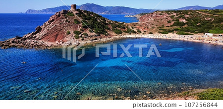 Rocky Coast of the Mediterranean Sea landscape. Sunny summer day background. Blue sky line, sea water beauty 107256844