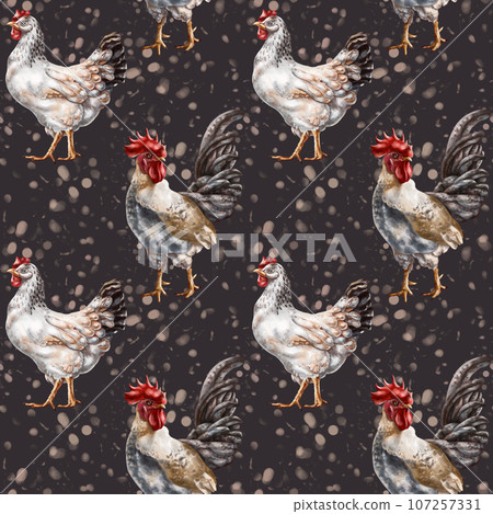 Seamless pattern of their farm chickens and roosters. Simple rural life, farm animals, nature and plants. Poultry on the ranch. Digital illustration, background Seamless pattern of their farm chickens and roosters. Simple rural life, farm animals, nature and plants. Poultry on the ranch. Digital illustration, background 107257331