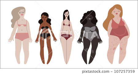 Five diverse women in swimsuits. Various body sizes and shapes. Diversity. Pale, tanned, dark and black skin tone and black, red, and blond hair. Vector illustration in flat style Five diverse women in swimsuits. Various body sizes and shapes. Diversity. Pale, tanned, dark and black skin tone and black, red, and blond hair. Vector illustration in flat style 107257359