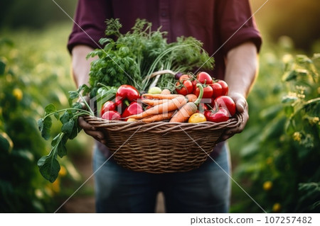 Farmer hold full wicker basket of homegrown organic fresh vegetables. 107257482