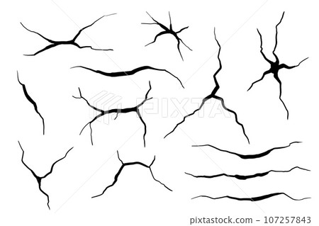 Damaged cracked ground. Set of Rough soil or damaged wall element. Dry surface, fracture glass or ice. Damaged cracked ground. Set of Rough soil or damaged wall element. Dry surface, fracture glass or ice. 107257843
