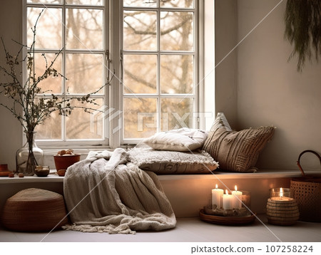 Cozy winter home interior with knitted blankets and pillows, holiday country house in wood, warm fire and afternoon daylight 107258224
