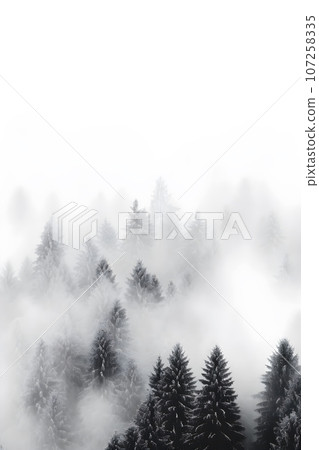Pine trees in the fog - dark forest with dramatic light - generative AI 107258335