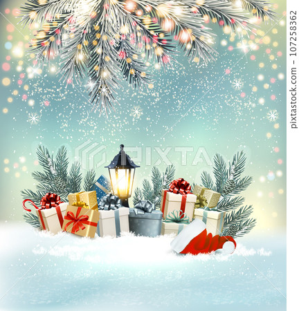 Merry Christmas Background with 2019 and gift boxes and blue ribbon. Vector 107258362