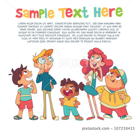 Kids look up interestedly. Child template for your design. Colorful cartoon characters 107258415