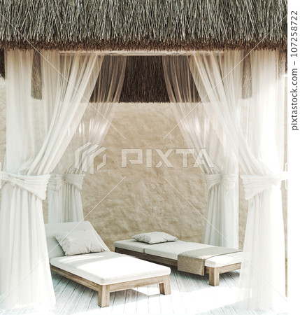 Luxury resort hotel design on the beach with sand. Modern african villa outside with beautiful stone wall and white patio with curtains. 3d rendering mockup. High quality 3d illustration 107258722