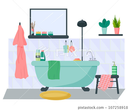 Bathroom interior illustration. Bathroom and mirror, shower accessories, plants, towels and robe, stool.  107258918