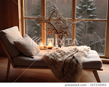 Cozy winter home interior with knitted blankets and pillows, holiday country house in wood, warm fire and afternoon daylight Cozy winter home interior with knitted blankets and pillows, holiday country house in wood, warm fire and afternoon daylight 107258993