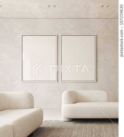 Boho beige livingroom with 2 white sofa and two picture frame background. Light modern japanese nature view. 3d rendering. High quality 3d illustration Boho beige livingroom with 2 white sofa and two picture frame background. Light modern japanese nature view. 3d rendering. High quality 3d illustration 107259630