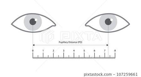 Pupillary distance measurement in cm ruler template Eye frame glasses fashion accessory medical illustration. Optical Pupillary distance measurement in cm ruler template Eye frame glasses fashion accessory medical illustration. Optical 107259661