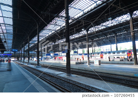 A large roof covering the platform of SBB (Swiss Federal Railways) Basel Station 107260455