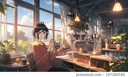 [AI generated image] Girl drinking tea at a cafe 4 107260580